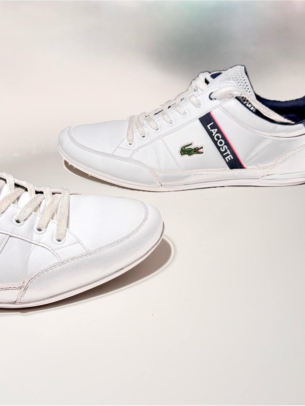 Lacoste White Leather Low-Top Sneakers with Navy Trim